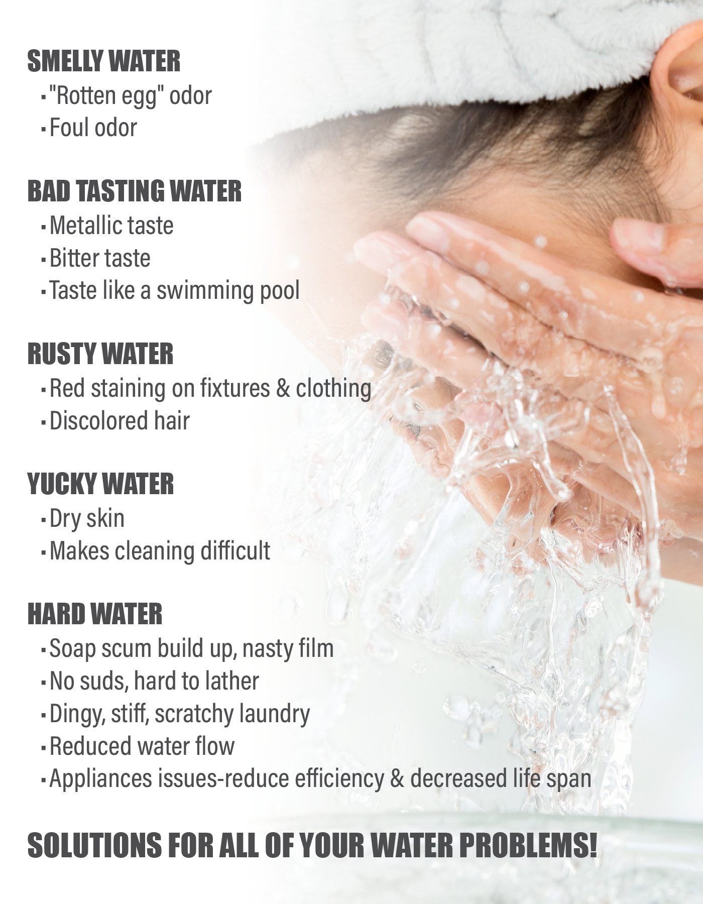 Woman splashing clean water on her face, overlaid with text listing common water problems like smelly, bad tasting, rusty, yucky, and hard water, indicating the need for All-Pro Plumbing's water solutions in Kokomo, IN