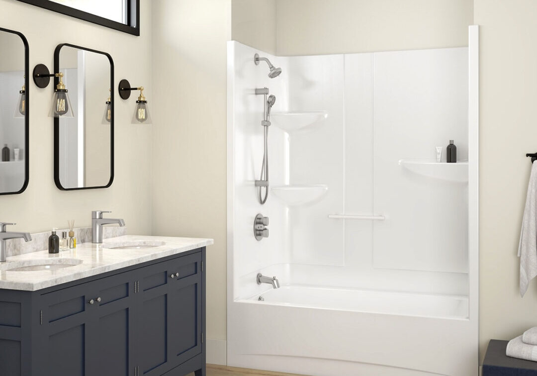 10 Kitchens Bathrooms Remodel Refurbish Tub & Shower Unit Vanity Example of modern bathroom remodel with new bathtub, shower unit, and double vanity, representing the type of work All-Pro Plumbing can install in Kokomo, IN