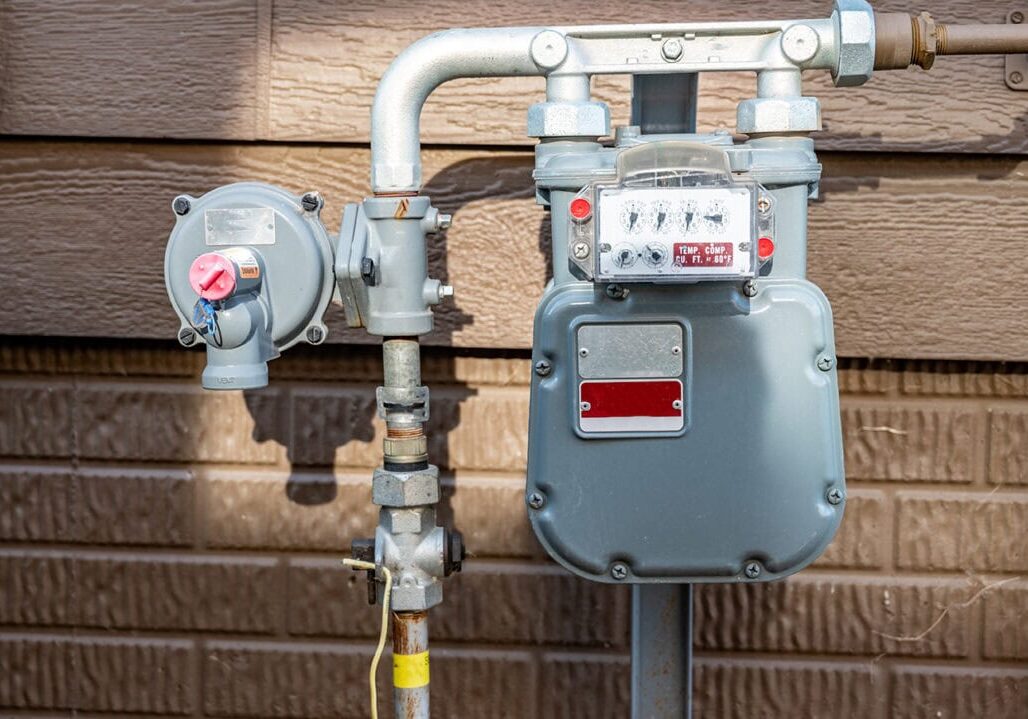 residential gas meter and pressure regulator Residential gas meter for home gas line pressure testing, leak detection, and repair services by All-Pro Plumbing in Kokomo, IN