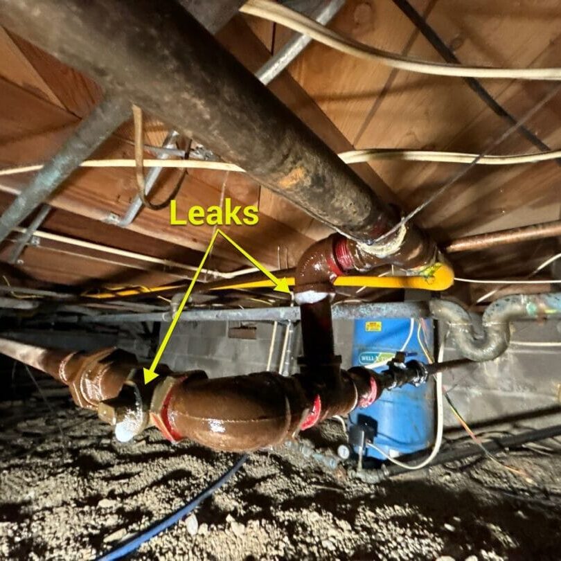 18 Crawl Space Gas Line Repair Gas Leaks NIPSCO Black Iron Pipe Mega Press CSST Copper Brass All-Pro Plumbing Kokomo IN Crawl space with pipes and soap bubbles indicating a gas leak. All-Pro Plumbing, Kokomo, IN, offers services including gas line repair.