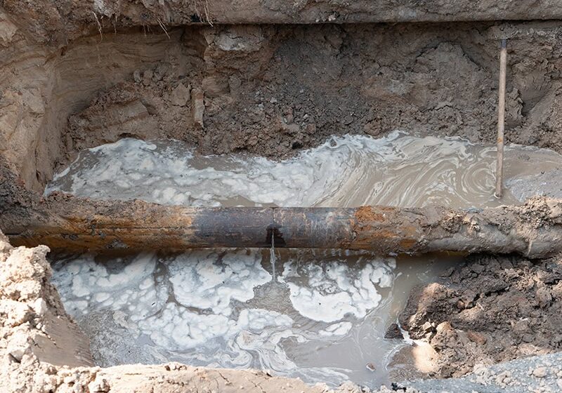 close-up of ruptured sewer rusty pipeline which cause sewage leakage stream and pollution. old infrastructure issues in the city construction site Underground pipe leaking into muddy trench with foamy water, indicating a severe water line leak requiring excavation and repair by All-Pro Plumbing in Kokomo, IN