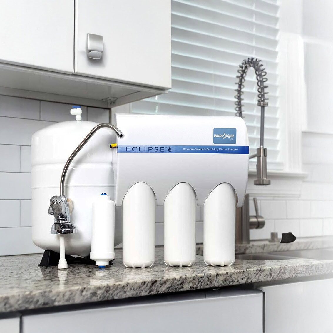 Water-Right Eclipse Reverse Osmosis drinking water system with separate faucet installed on a kitchen counter, providing high-quality filtered water by All-Pro Plumbing in Kokomo, IN