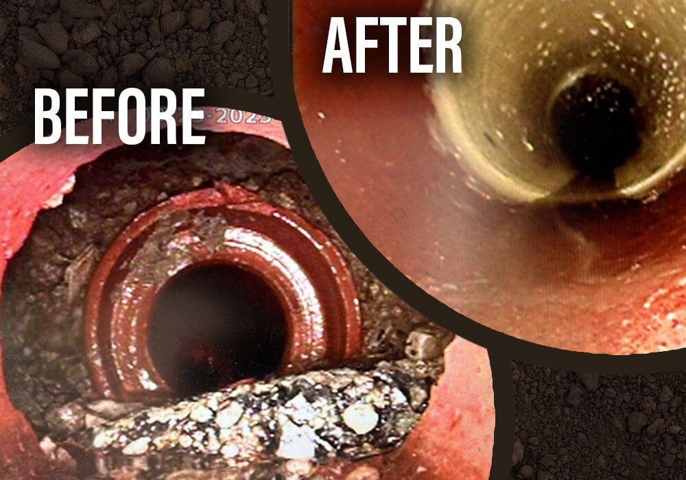 63 Pipe Patching CIPP Trenchless Clay Pipe Inaccessible Solutions All-Pro Plumbing Kokomo IN Before and after split image from a sewer camera showing a broken clay pipe patched with a CIPP trenchless liner, demonstrating All-Pro Plumbing's "no-dig" repair in Kokomo, IN